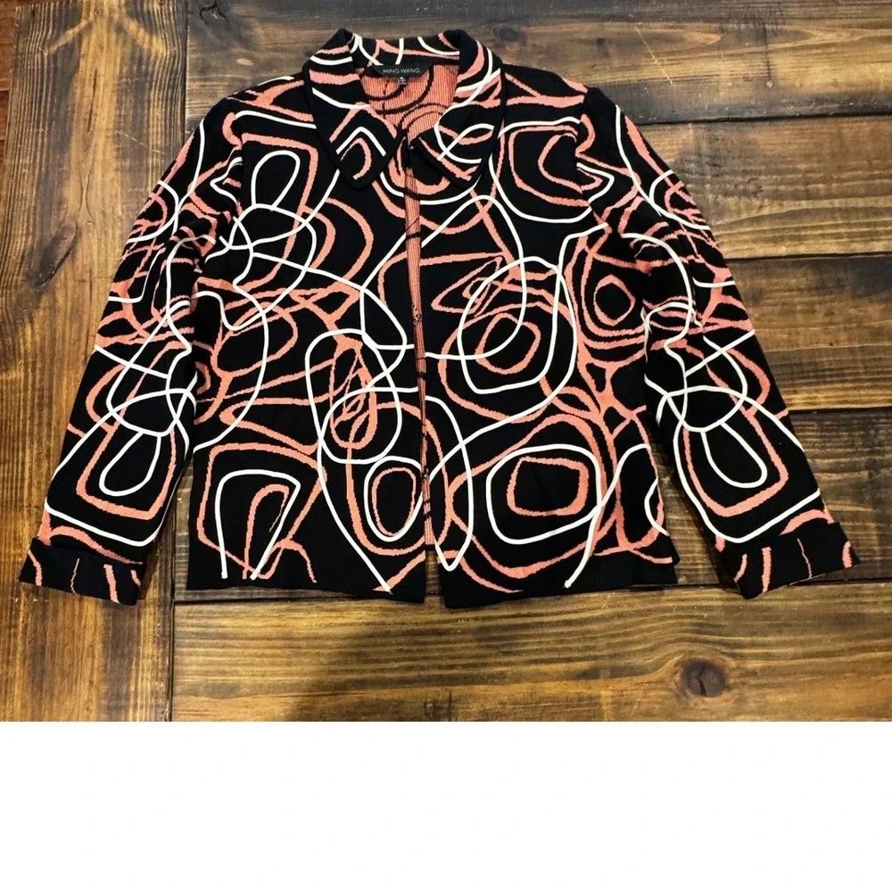 Ming Wang Cardigan Jacket Black Coral White Abstract Swirl Full Zip Knit XL